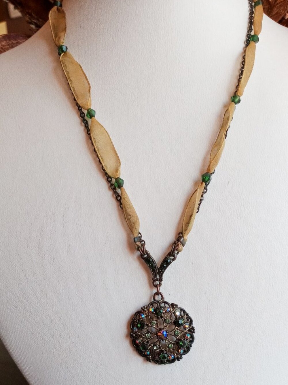 Vintage Filigree-style Pendant Necklace w/Multi-colored Crystal Rhinestones - Picture 16 of 16